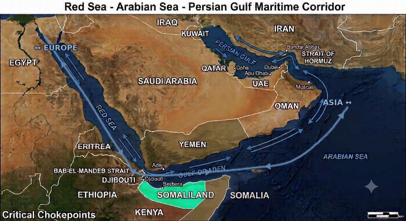Satellite map of the Red Sea, Arabian Sea, and Persian Gulf maritime corridor, showing the Bab el-Mandeb and Strait of Hormuz chokepoints, shipping routes, and Somaliland with the port of Berbera